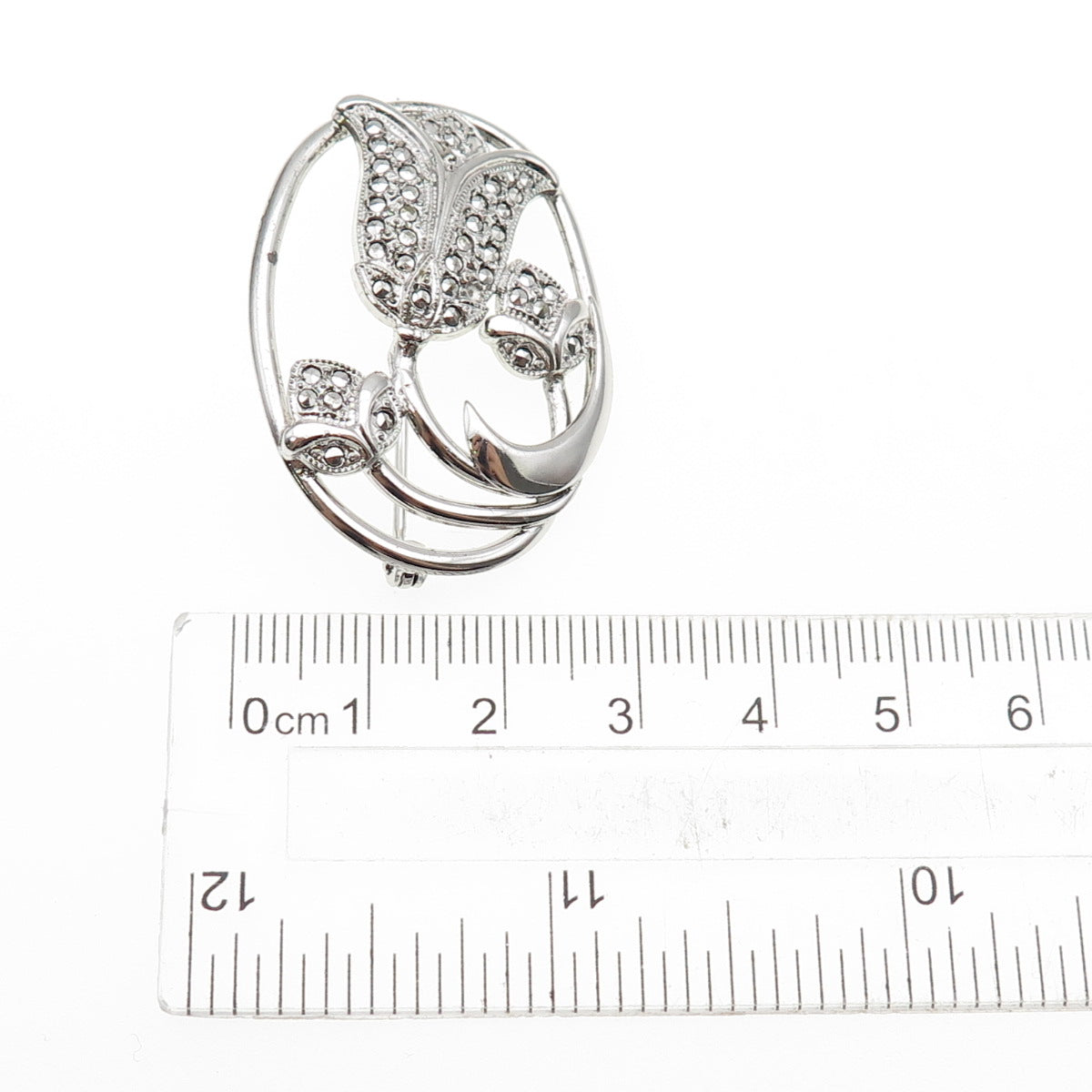 THEDA Sterling Silver Antique Art Deco Real Marcasite Tulip Flower Pin Brooch