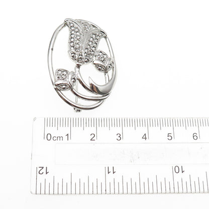 THEDA Sterling Silver Antique Art Deco Real Marcasite Tulip Flower Pin Brooch