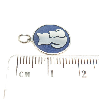 925 Sterling Silver Blue Enamel Mom & Child Cat Round Minimalist Charm Pendant