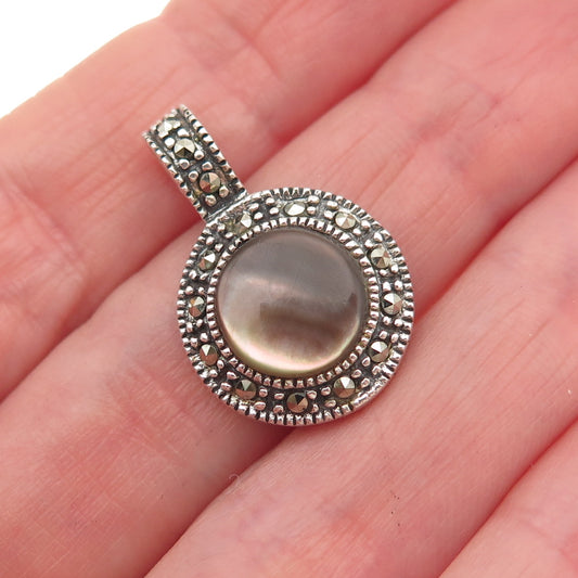 925 Sterling Silver Vintage Real Abalone Shell & Marcasite Charm Pendant