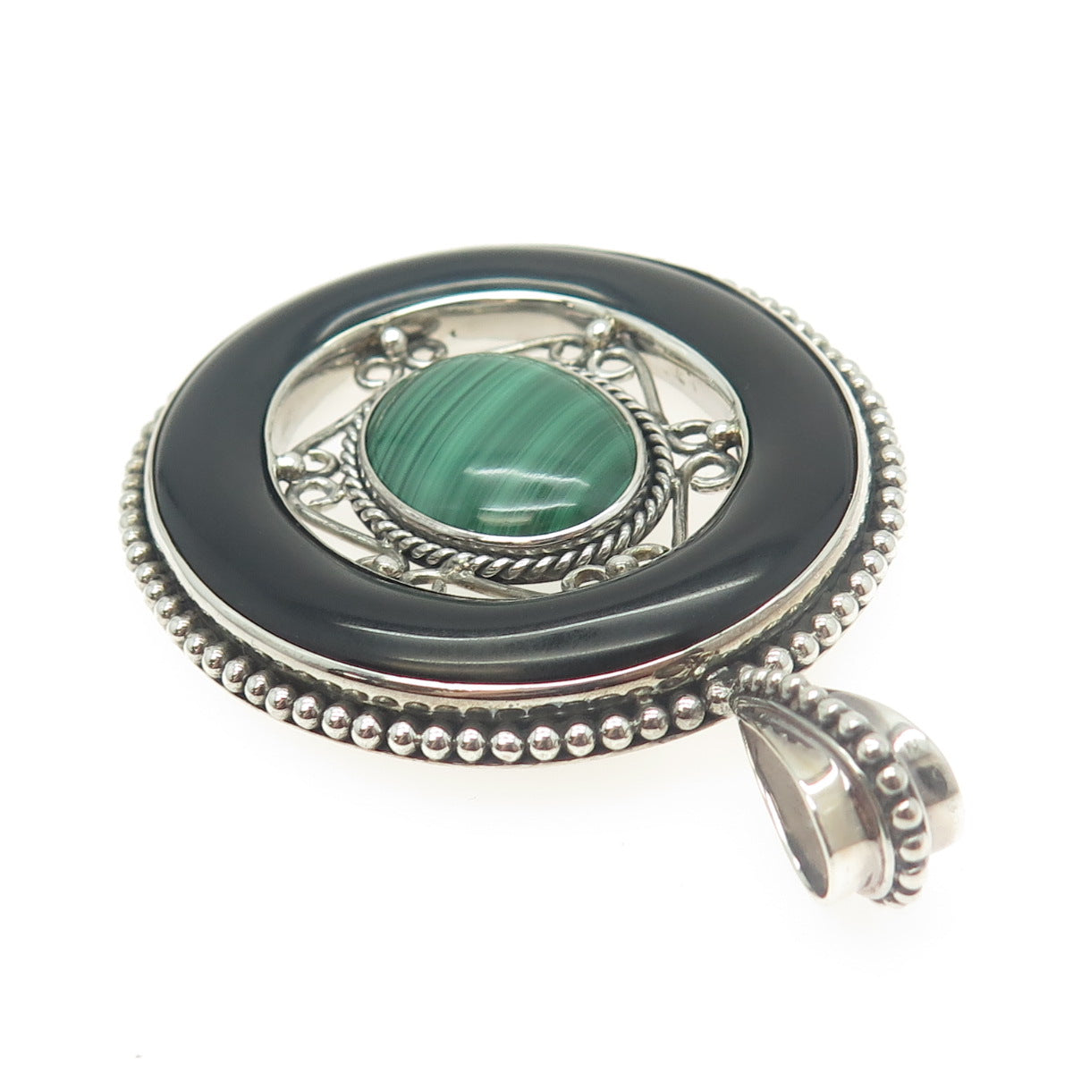 MERAV 925 Sterling Silver Vintage Real Black Onyx & Malachite Oval Pendant