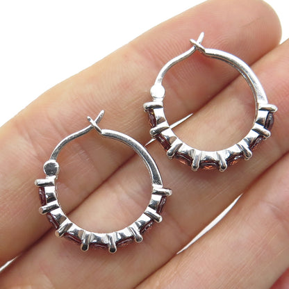 925 Sterling Silver Real Round-Cut Red Garnet Hoop Earrings