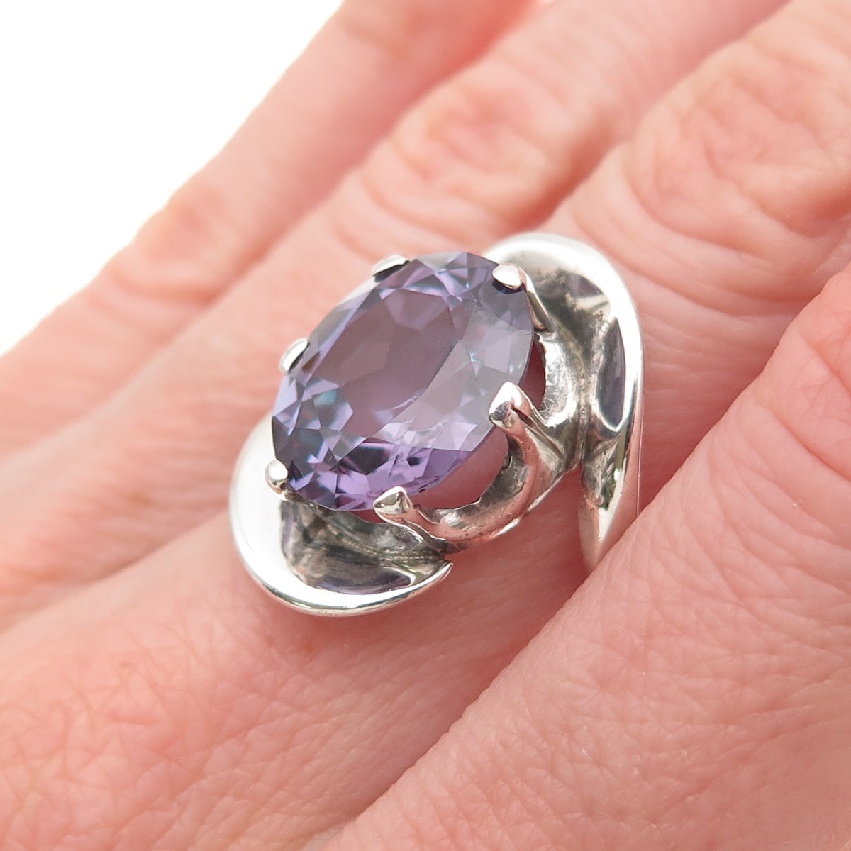925 Sterling Silver Vintage Lab-Created Peacock Sapphire Modernist Ring Size 5
