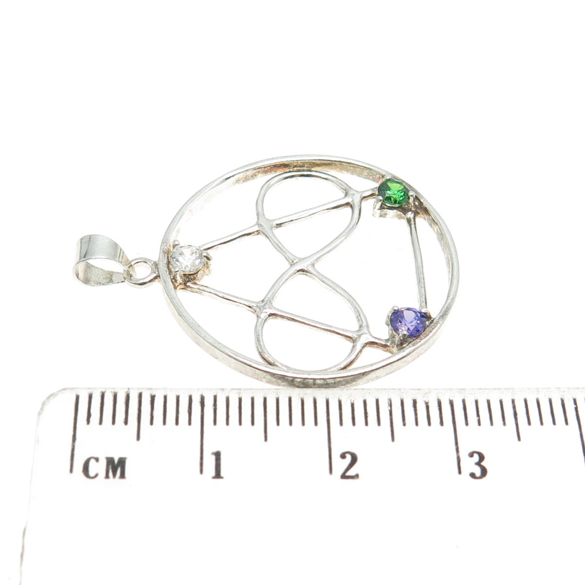 925 Sterling Silver Vintage White Blue & Green C Z Infinity Trinity Pendant