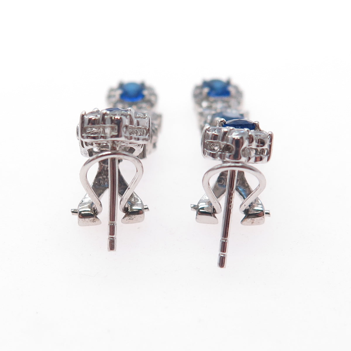 925 Sterling Silver Blue & White C Z Dangle Omega Back Earrings