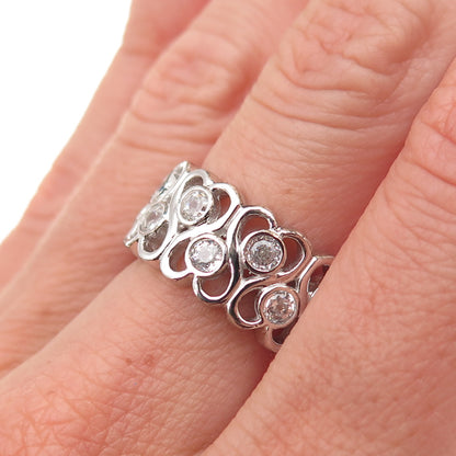 925 Sterling Silver Round-Cut C Z Heart Ornate Band Size 7.25