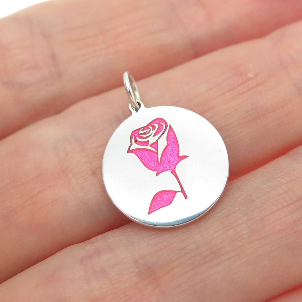 925 Sterling Silver Pink Enamel Belle Rose Round Tag Minimalist Charm Pendant
