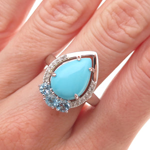 925 Sterling Silver Real Turquoise Blue & White Topaz Teardrop Ring Size 8.25
