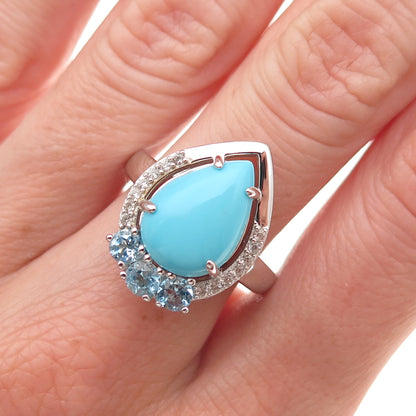 925 Sterling Silver Real Turquoise Blue & White Topaz Teardrop Ring Size 8.25