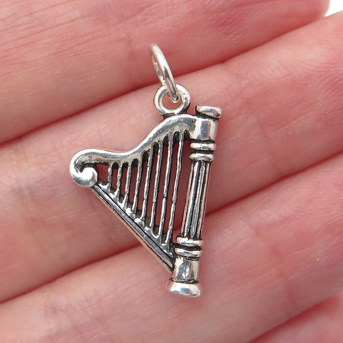 925 Sterling Silver Vintage Harp Oxidized Minimalist Charm Pendant