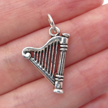 925 Sterling Silver Vintage Harp Oxidized Minimalist Charm Pendant