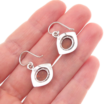 925 Sterling Silver Vintage Real Amber Modernist Evil's Eye Dangle Earrings