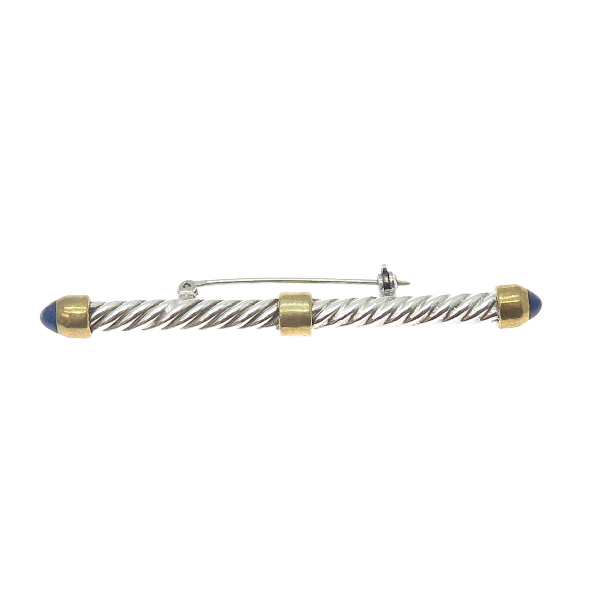 925 Sterling Silver 2-Tone Vintage Real Sodalite Bar Oxidized Pin Brooch