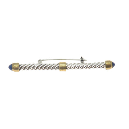 925 Sterling Silver 2-Tone Vintage Real Sodalite Bar Oxidized Pin Brooch