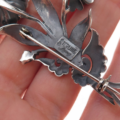 Lang 925 Sterling Silver Antique Art Deco Floral Oxidized Pin Brooch