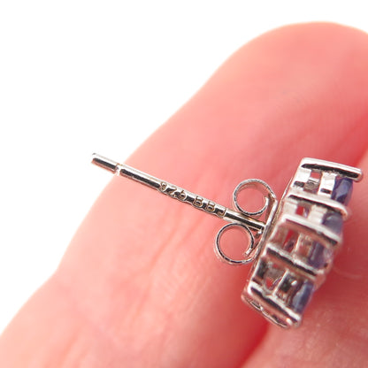 925 Sterling Silver Real Round-Cut Diamond & Tanzanite Floral Stud Earrings