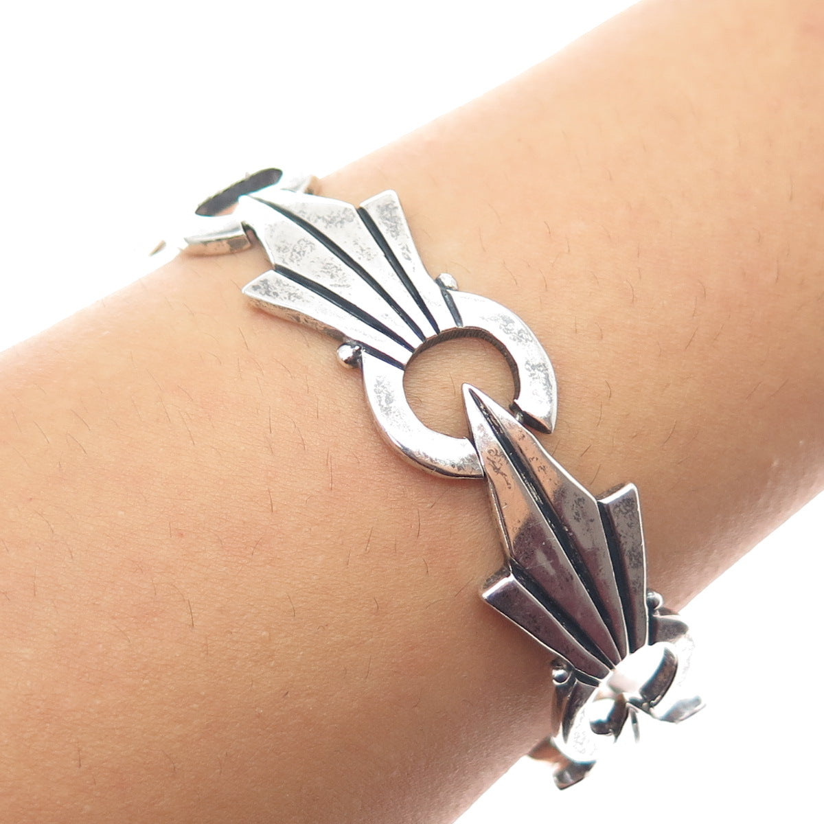 925 Sterling Silver Vintage Mexico Modernist Oxidized Bracelet 7.5"