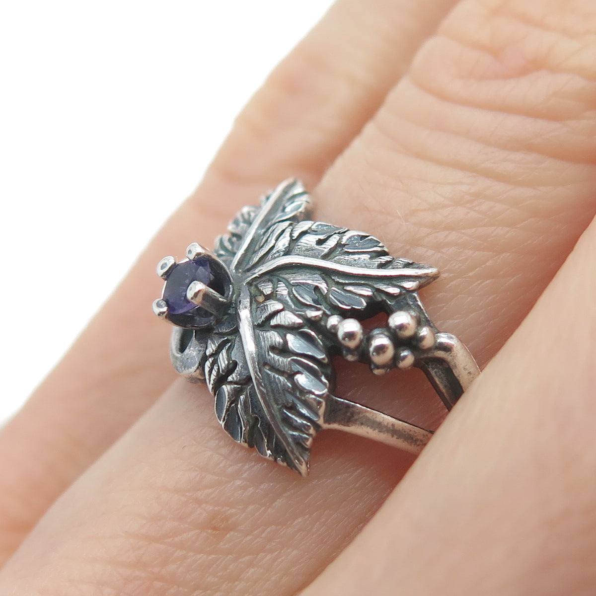 CAROLYN POLLACK Sterling Silver Vintage Real Amethyst Grape Leaf Ring Size 7.5