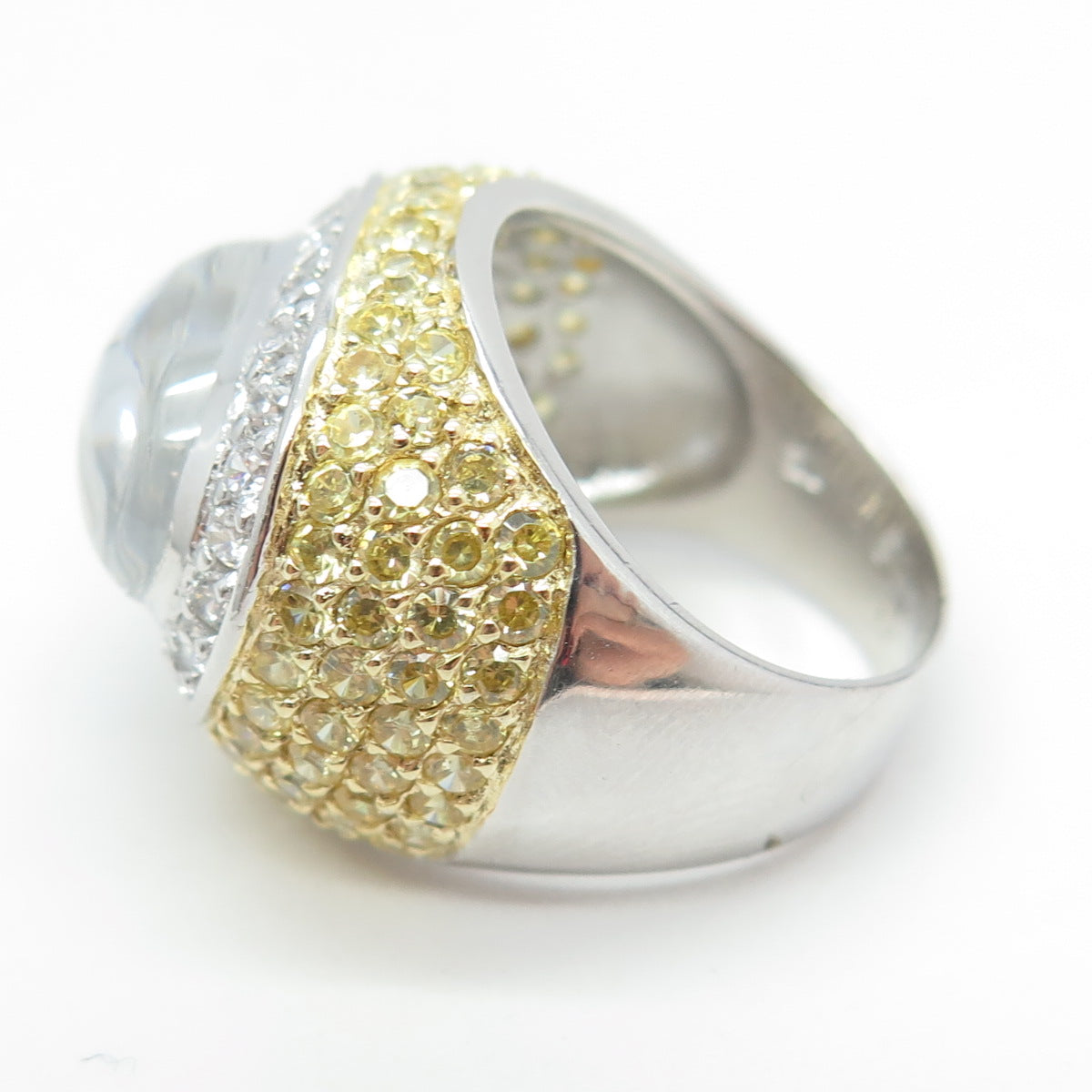 925 Sterling Silver Clear Quartz Canary & White C Z Dome Ring Size 6