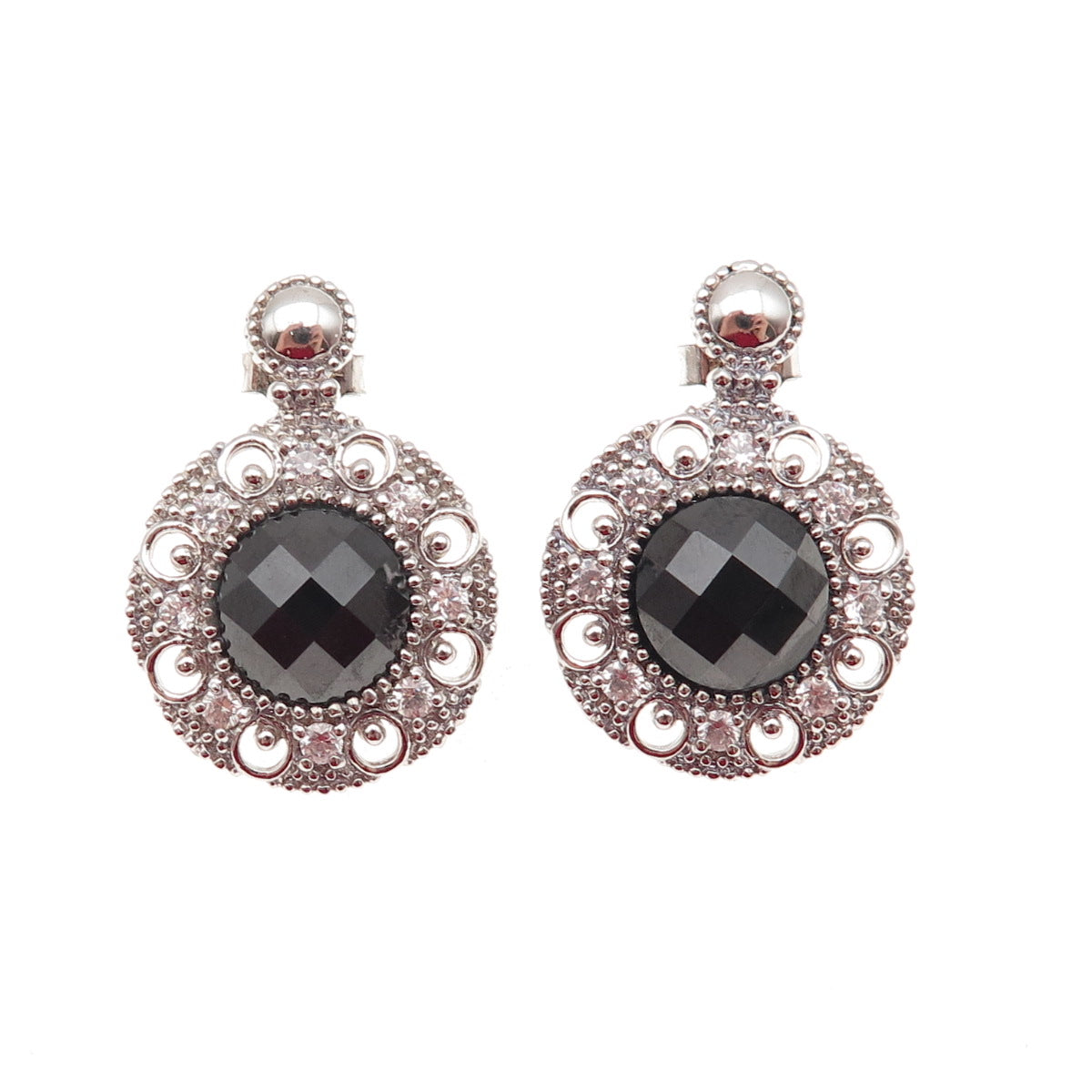 925 Sterling Silver Real Black Spinel & C Z Dangle Earrings