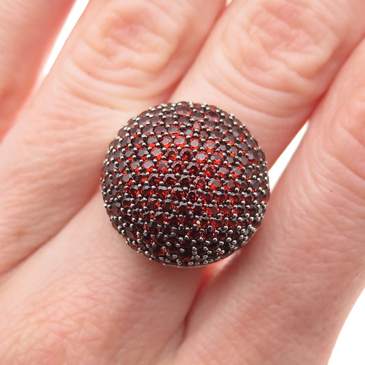 925 Sterling Silver Real Round-Cut Red Garnet Dome Ring Size 7.25