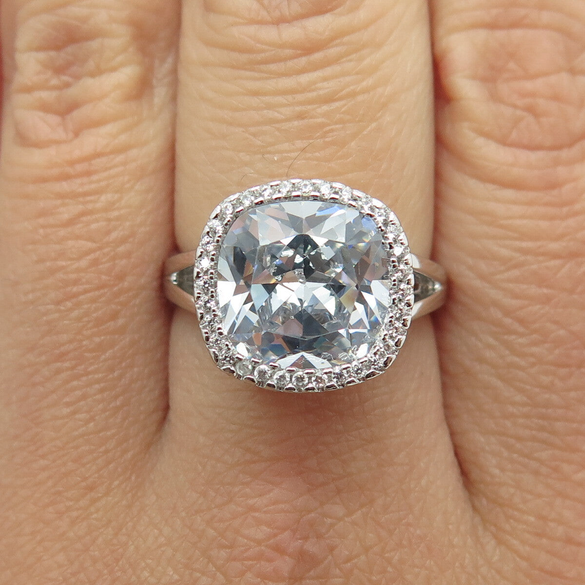 925 Sterling Silver Cushion & Round-Cut White C Z Engagement Ring Size 8