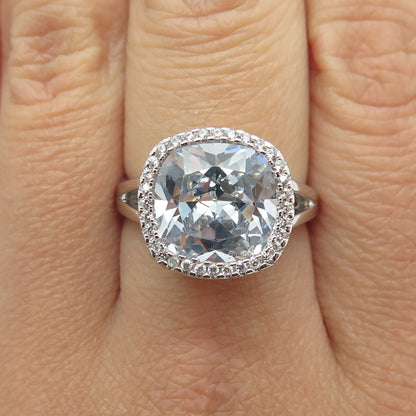 925 Sterling Silver Cushion & Round-Cut White C Z Engagement Ring Size 8