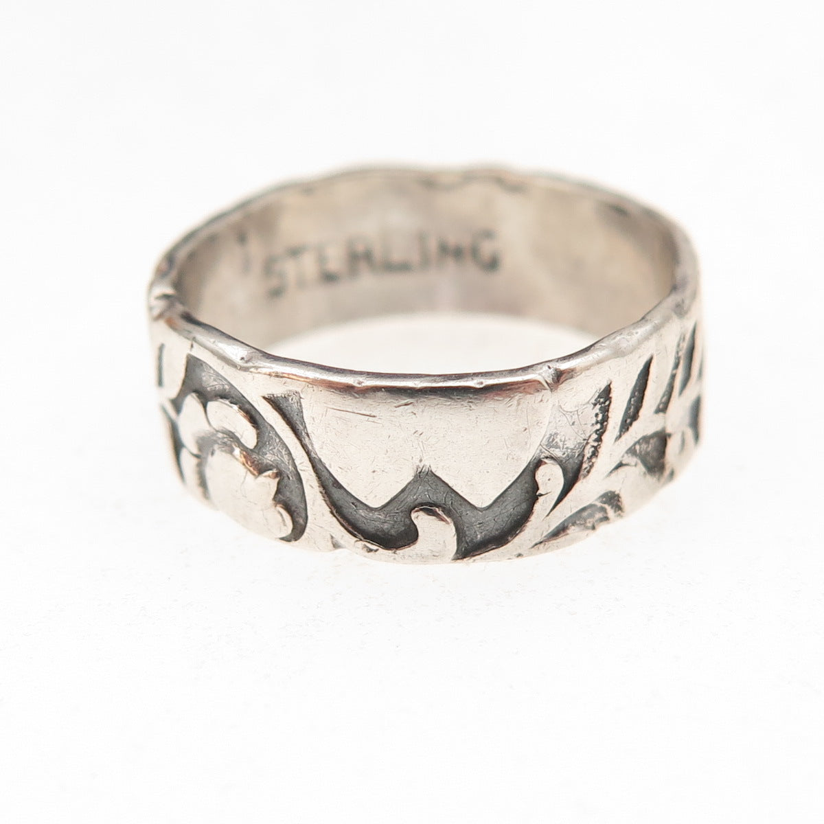 925 Sterling Silver Antique Art Deco Floral Oxidized Band Ring Size 6.25
