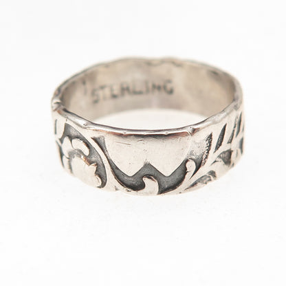 925 Sterling Silver Antique Art Deco Floral Oxidized Band Ring Size 6.25