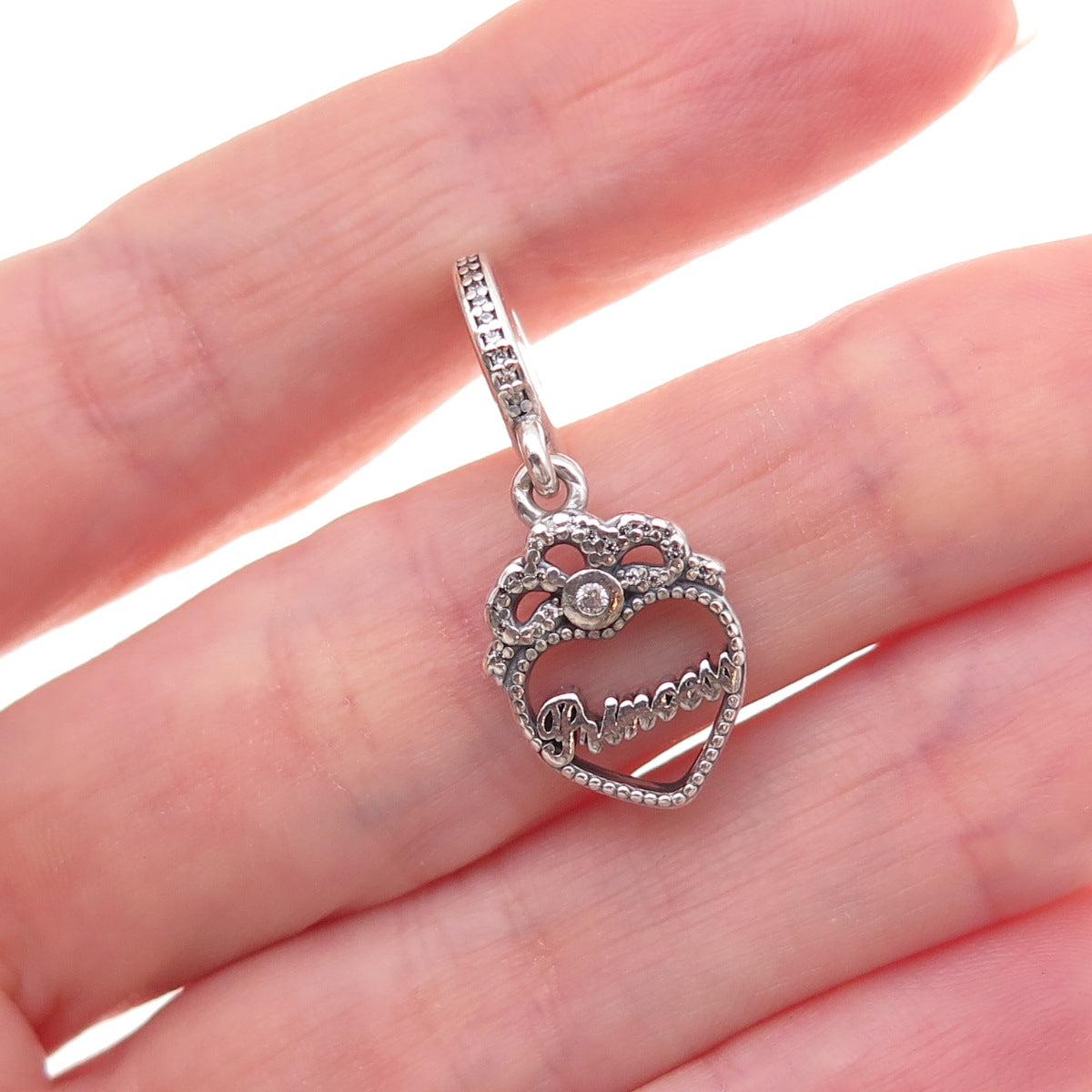 Pandora 925 Sterling Silver Round-Cut C Z Princess Crown Heart Dangle Charm