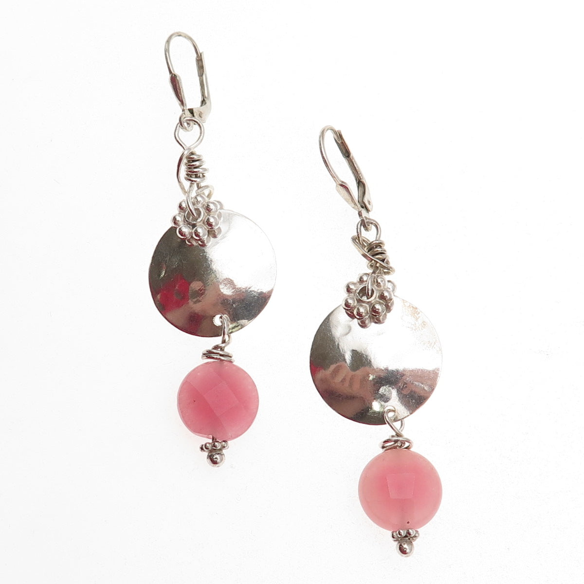 925 Sterling Silver Vintage Real Pink Agate Modernist Disc Dangle Earrings