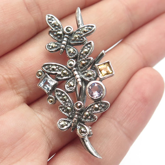 925 Sterling Silver Vintage Real Multi-Color Gem Butterfly Pin Brooch