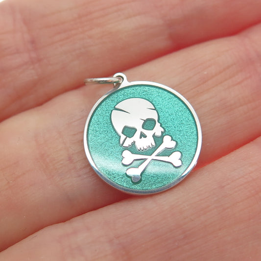 925 Sterling Silver Mint Green Enamel Skull Crossbones Minimalist Charm Pendant