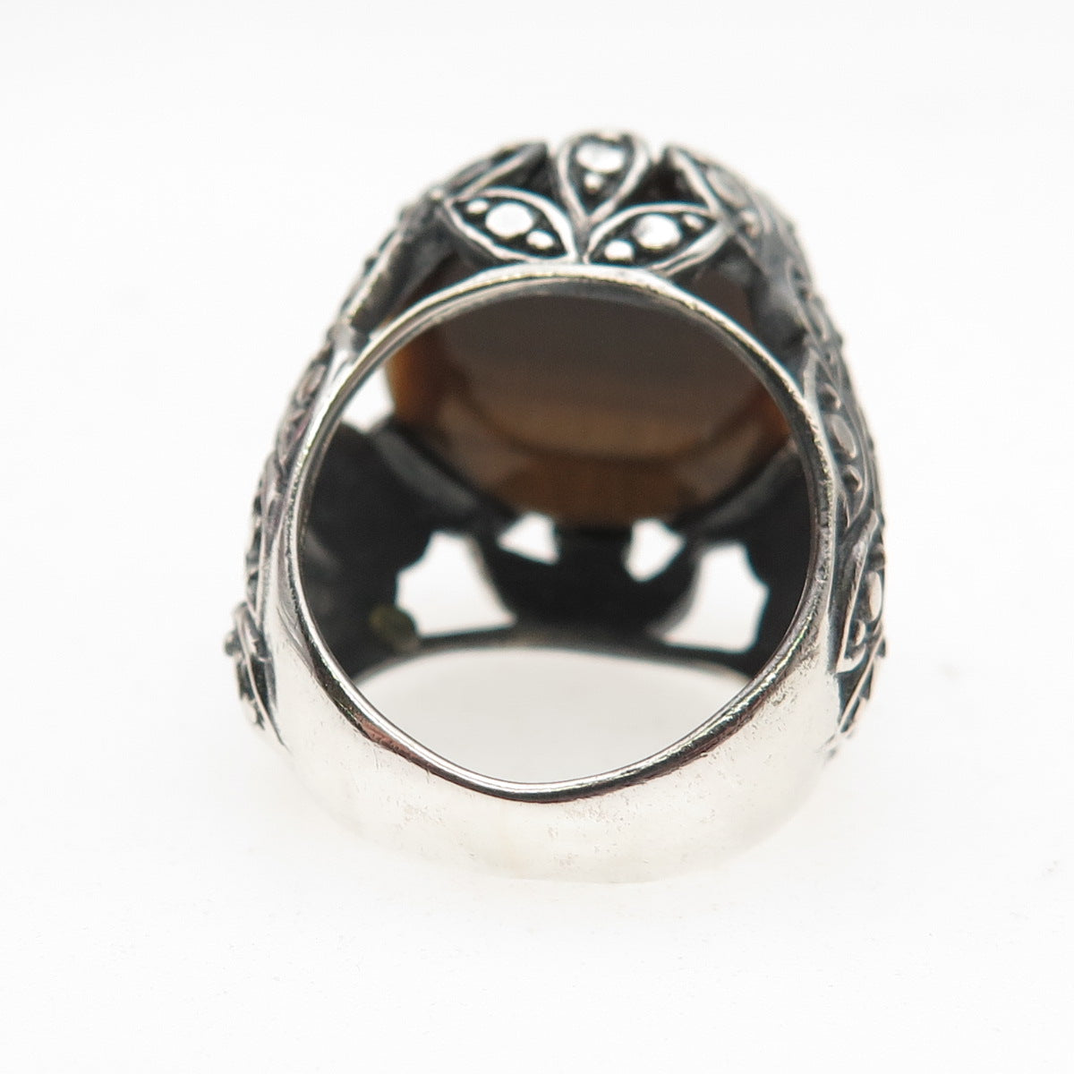 925 Sterling Silver Vintage Real Tiger Eye Modernist Oxidized Ring Size 5.75