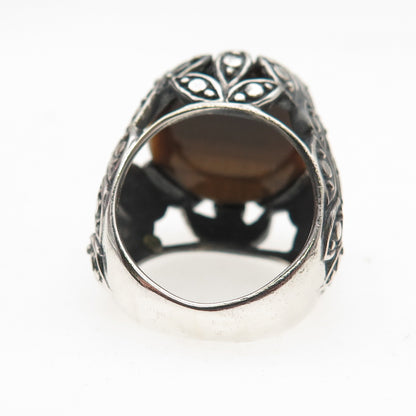 925 Sterling Silver Vintage Real Tiger Eye Modernist Oxidized Ring Size 5.75