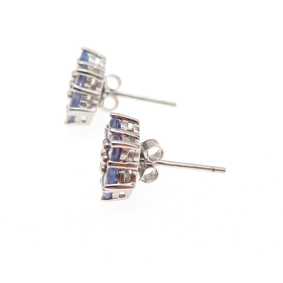 925 Sterling Silver Real Round-Cut Diamond & Tanzanite Floral Stud Earrings