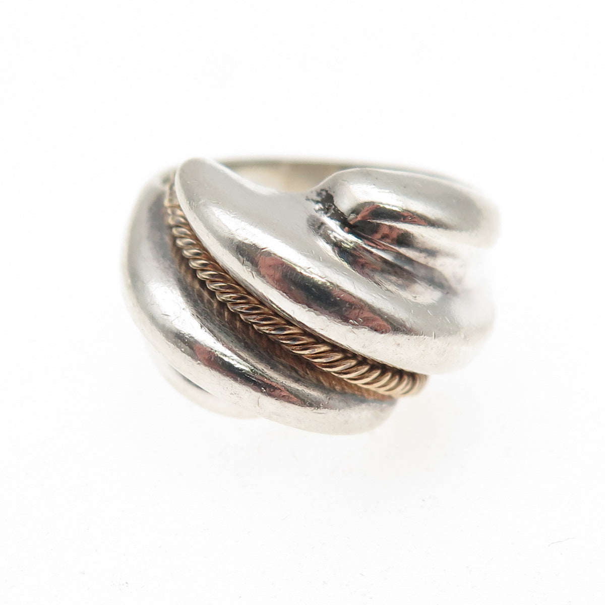 925 Sterling Silver 14K Gold Vintage MR Artisan Modernist Ring Size 8.25