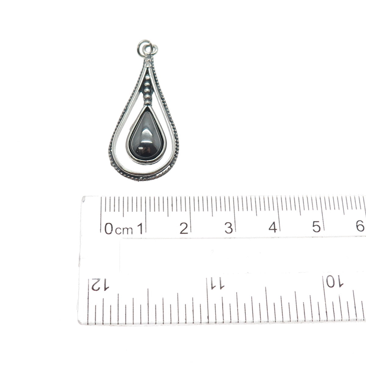 925 Sterling Silver Vintage Real Hematite Teardrop Oxidized Charm Pendant