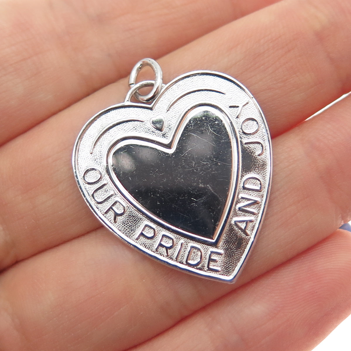 925 Sterling Silver Vintage Our Pride And Joy Heart Charm Pendant