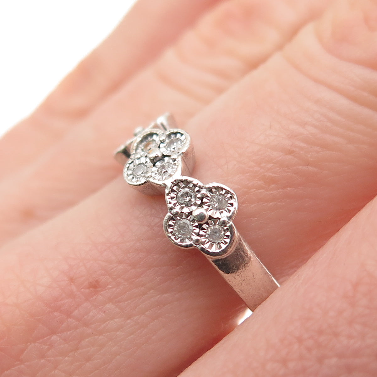 925 Sterling Silver Real Round-Cut Diamond Floral Ring Size 7