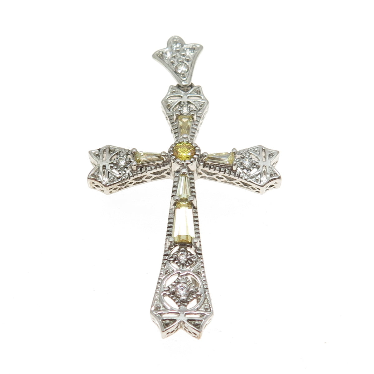 ROSS SIMONS 925 Sterling Silver White & Lemon C Z Ornate Cross Pendant