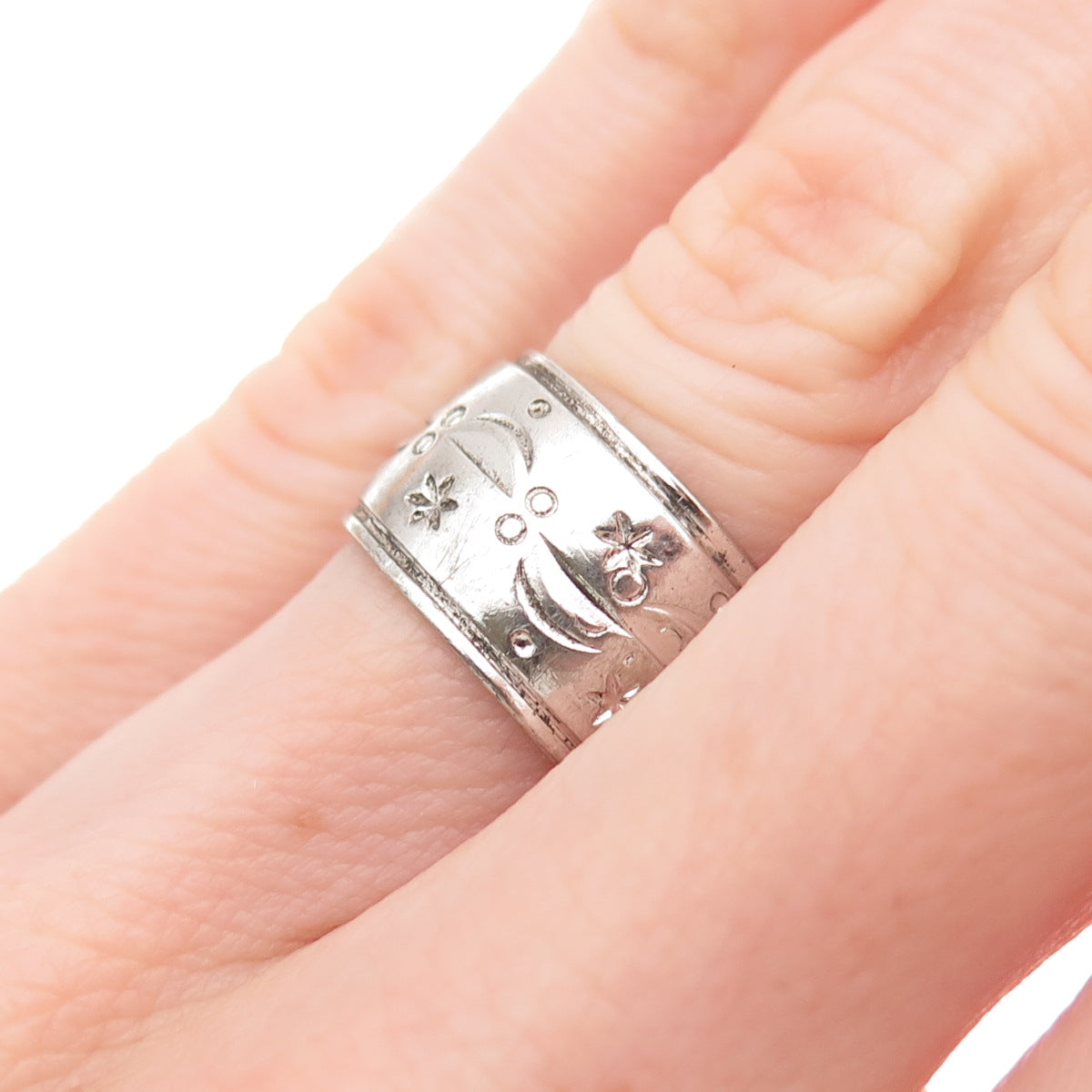 Uncas 925 Sterling Silver Antique Art Deco Floral Wide Band Ring Size 5.25