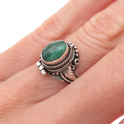 925 Sterling Silver Vintage Real Malachite Oxidized Poison Ring Size 4.75