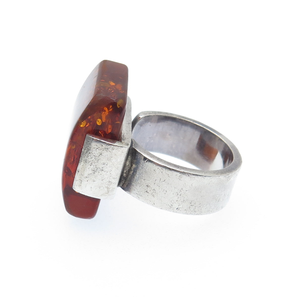 925 Sterling Silver Vintage Real Amber Modernist Oxidized Ring Size 8.25