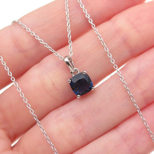 925 Sterling Silver Cushion-Cut Blue C Z Cable Chain Necklace 18"
