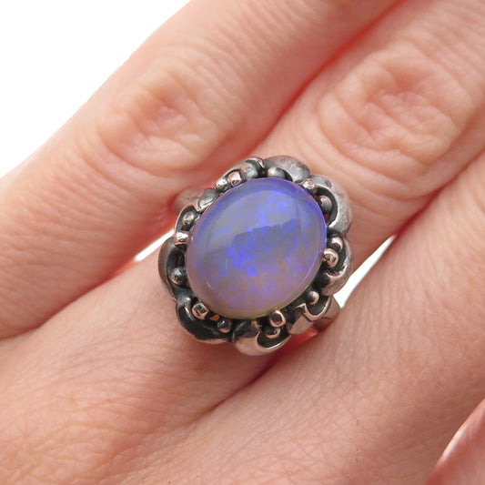 925 Sterling Silver Vintage Real Opal Floral Oxidized Ring Size 5.5