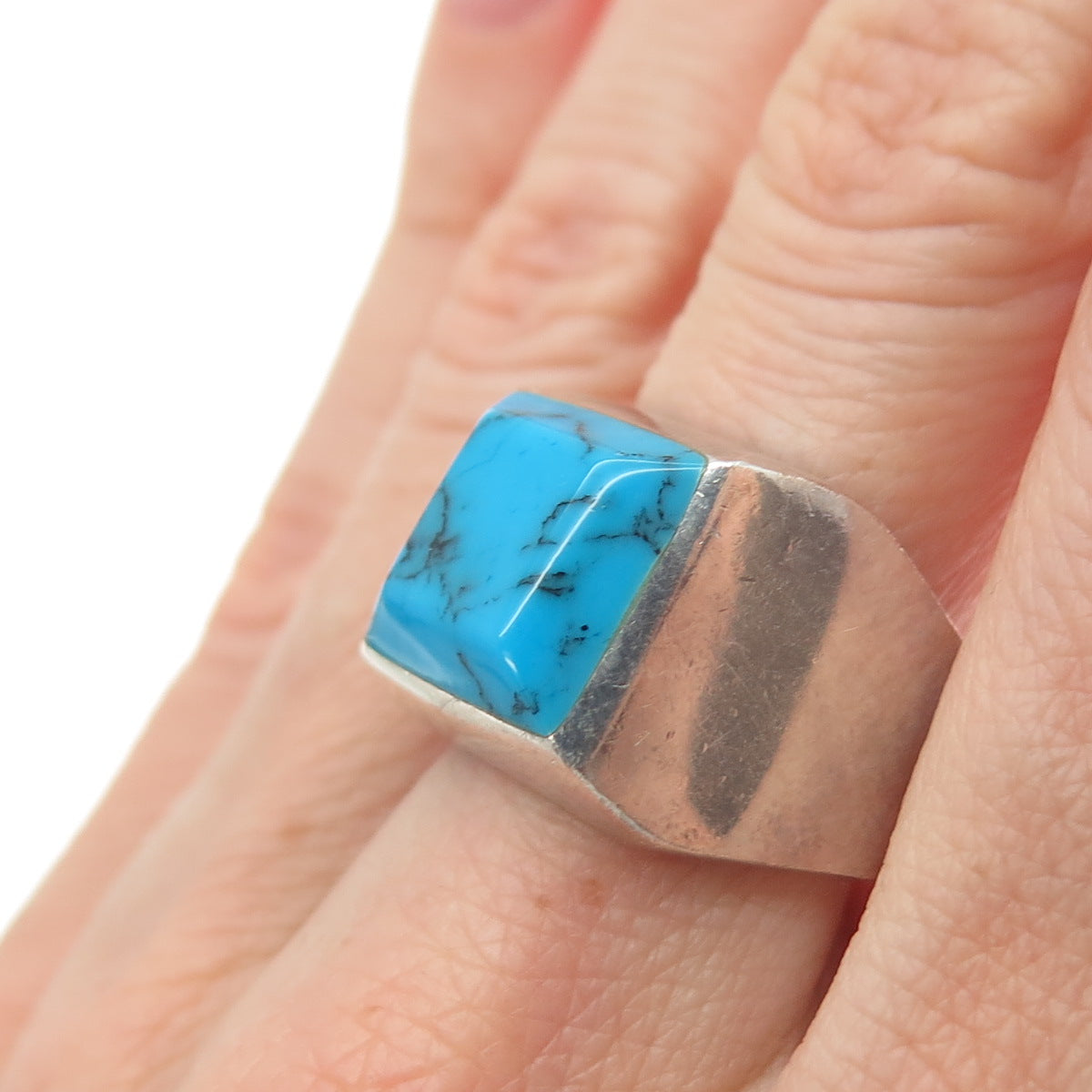 925 Sterling Silver Vintage Southwestern Real Bisbee Turquoise Ring Size 8.25