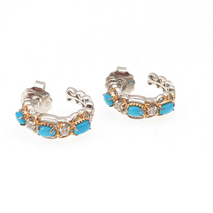 925 Sterling 2-Tone Real Sleeping Beauty Turquoise & White Topaz Hoop Earrings