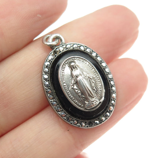 925 Sterling Silver Antique Black Onyx Marcasite Gem St. Mary Religious Pendant