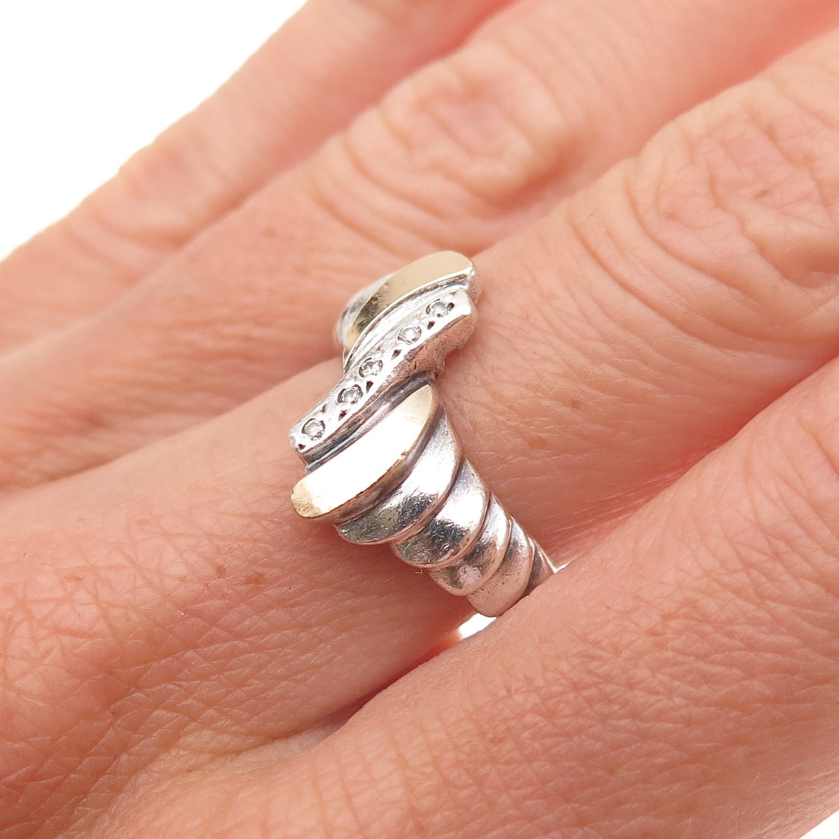 925 Sterling Silver 14K Gold Vintage Round-Cut C Z Modernist Ring Size 6